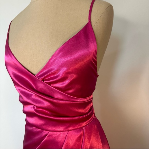 Hot pink satin effect wrap Slip lace up back long Dress gown 6 - Picture 9 of 16